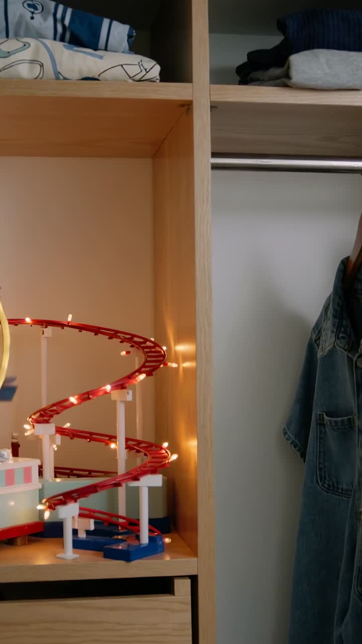 Video verticale: Carrellata che mostra una pista per macchinine giocattolo illuminata che si muove su uno scaffale della camera da letto con un'auto blu, una giacca di jeans.