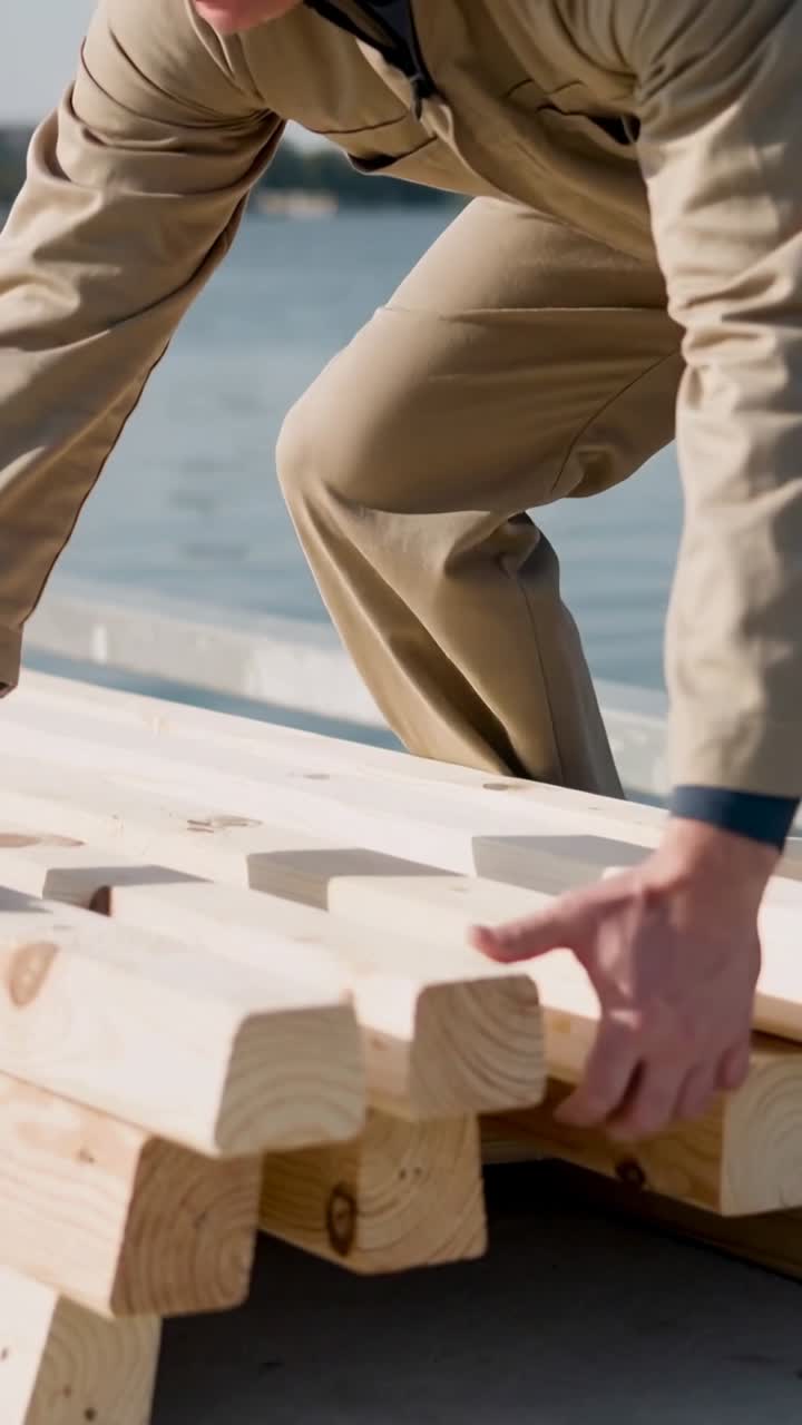 Vertikales Video: Arbeiter richtet Holzplanken am Kai aus und hebt sie an, trägt sie in Khaki-Kleidung weg.