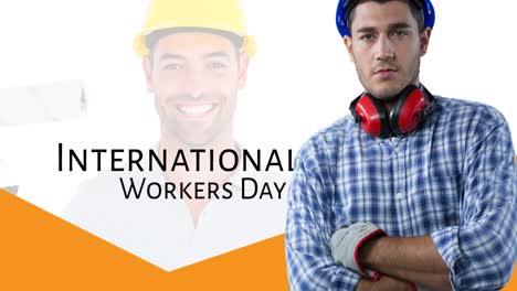 Animation-of-smiling-caucasian-male-worker-with-arms-crossed-over-international-workers-day-text