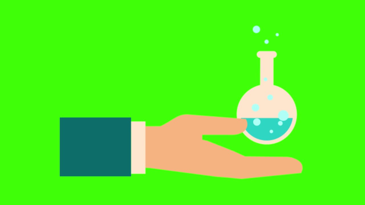 Colorful simple animation of a human hand holding a chemical flask isolated on a green screen in 4K