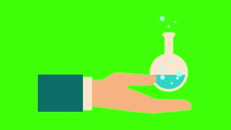 colorful simple animation of a human hand holding a chemical flask isolated on a green screen in 4k