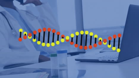 animación de cadena de adn sobre profesional médico trabajando en la computadora portátil en la oficina