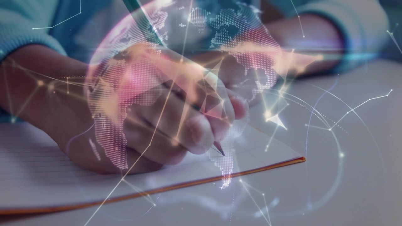 Right hand with green pencil making strokes, starting nodes forming orbiting globe showing learning