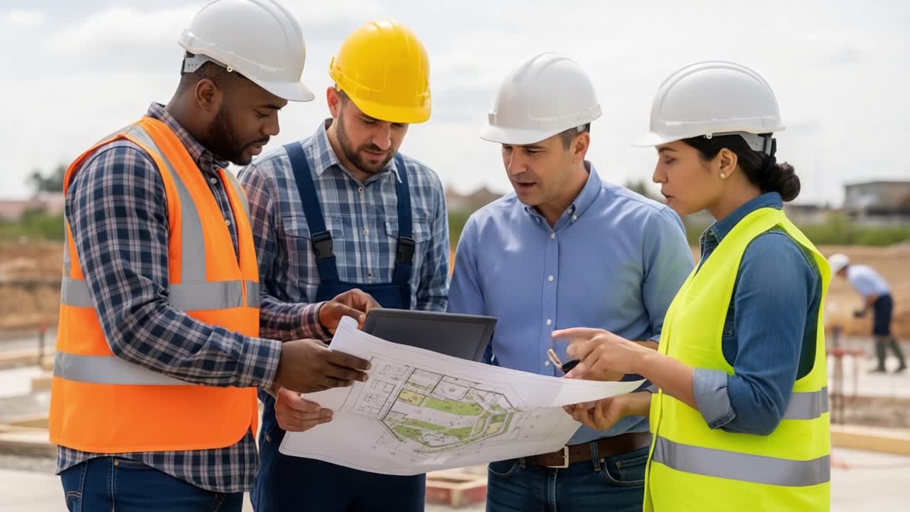 Team of Construction Professionals Collaborating on Project Plans while Reviewing Blueprints and Guidelines at a Job Site under a Bright Sky