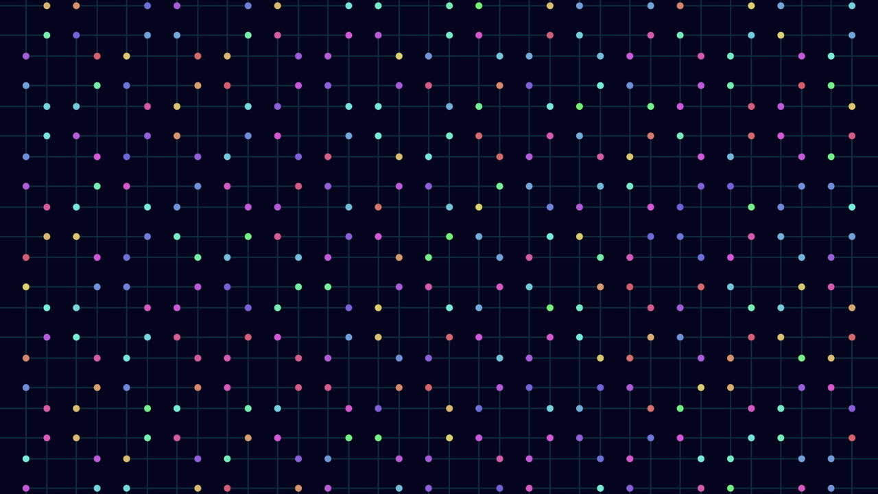 Colorful dots forming a grid pattern on a dark backdrop. Rows and columns have even numbers of dots in varying hues like blue, purple, pink, and yellow, creating a harmonious visual scheme