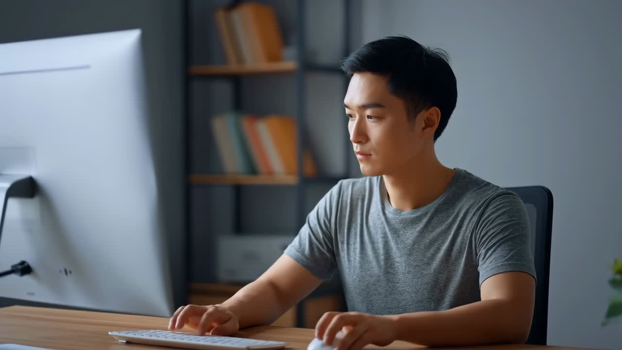 Young Man Working on Computer at Desk