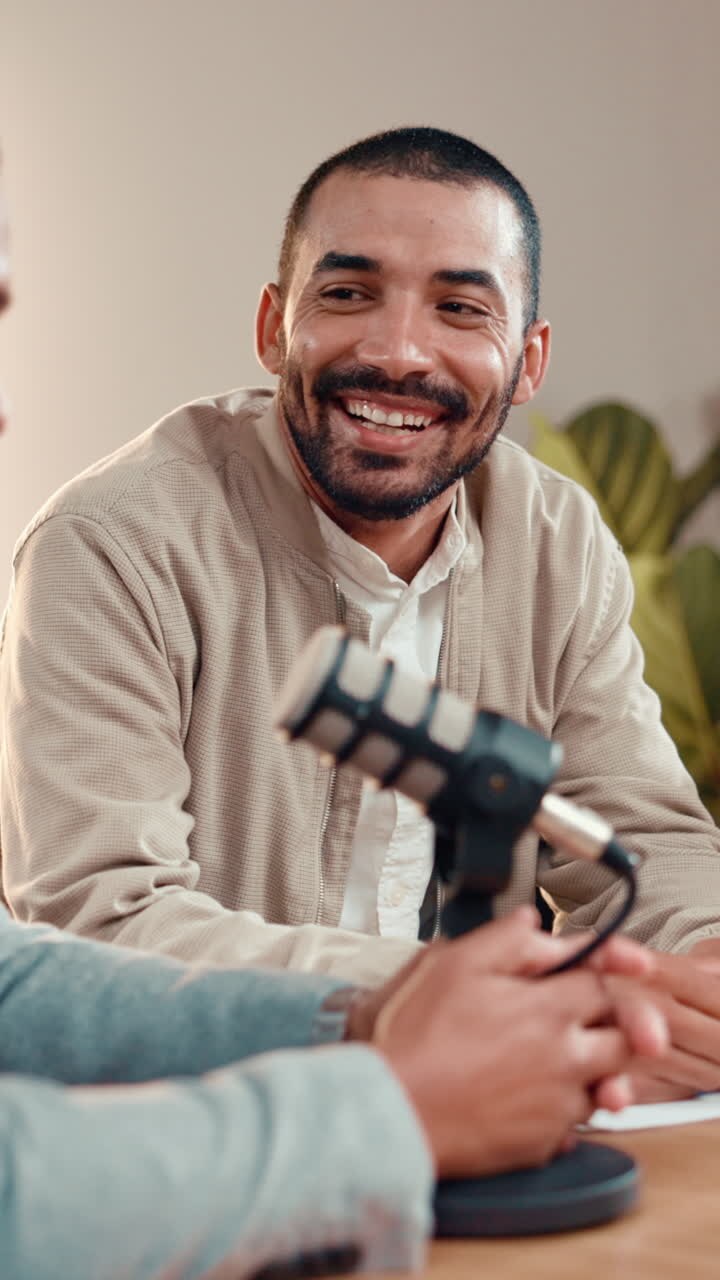 Podcast interview with a smiling man