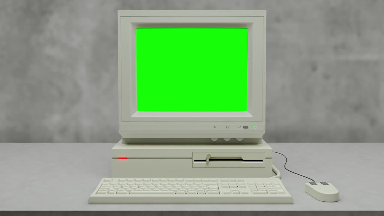 오래된 컴퓨터 부팅 및 끄기, 오류 및 녹색 화면, 빈티지 pc 시작 및 4k 끄기