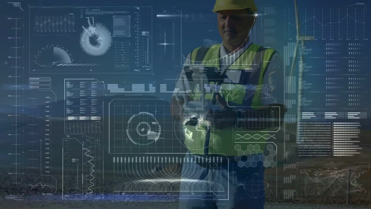 Field operator entering frame, adjusting remote, surveying shore, animating HUD charts over chest