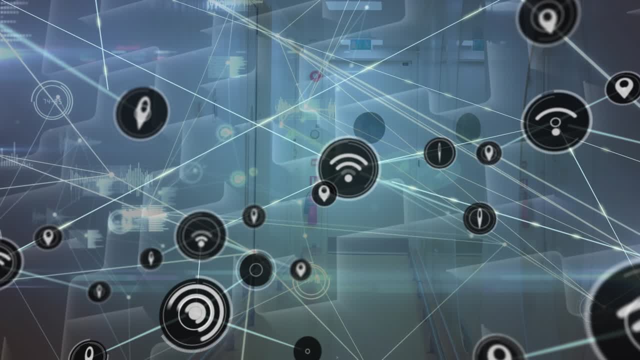 Animation af netværk af forbindelser med ikoner og former på blå baggrund