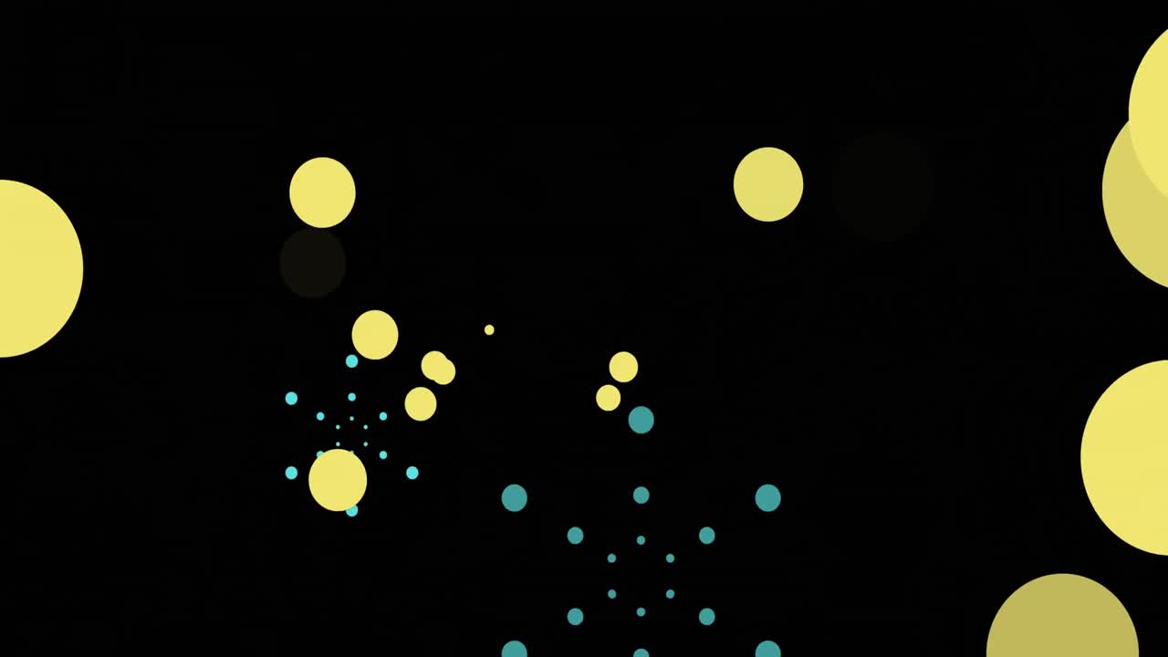 Animation of blue firework explosions and bokeh yellow light spots on black background