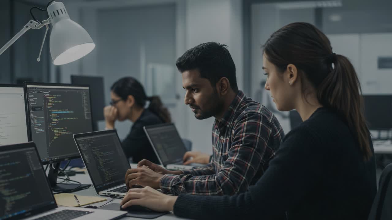 Focused Coding Session: Team Collaborates on Software Development with Laptops and Monitors in a Modern Office Environment