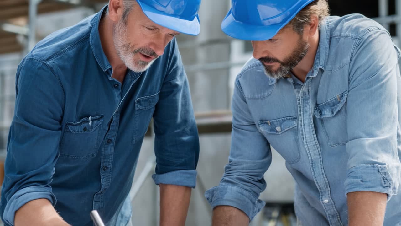 Two construction professionals collaborating on a project, focused on blueprints during a team meeting at a job site