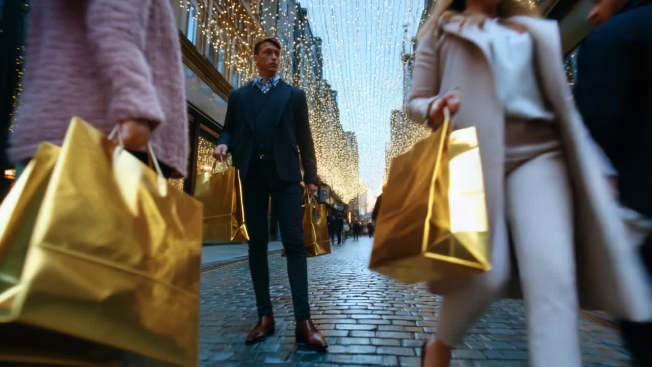 A bustling shopping scene during the festive season, featuring shoppers carrying bright gold bags, illuminated by strings of twinkling lights which create a vibrant holiday atmosphere in the city streets
