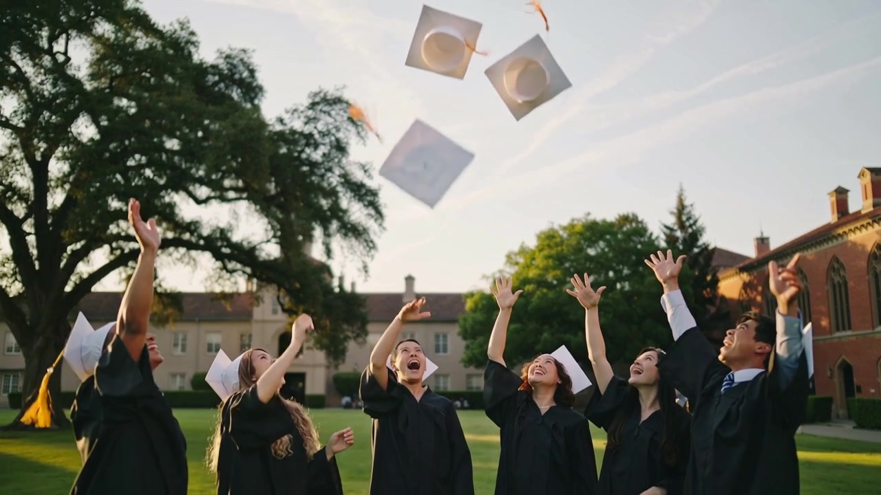 Laureati che lanciano i toques a comando nel cortile del campus, festeggiando in toghe scure