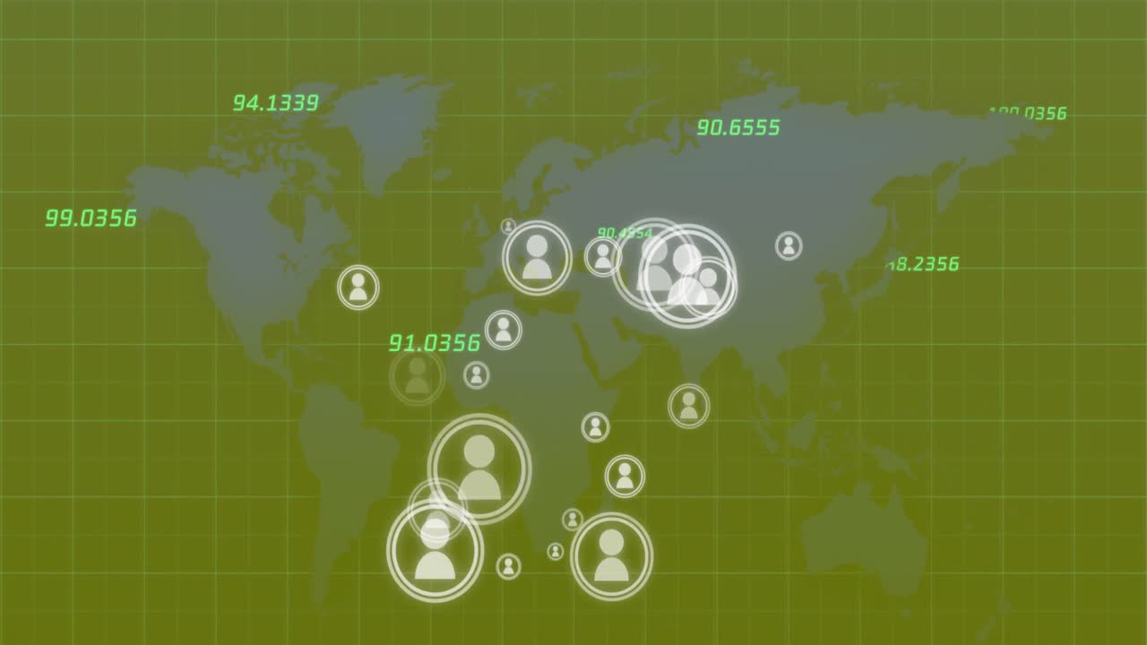 iconos digitales y números que se mueven contra el mapa del mundo