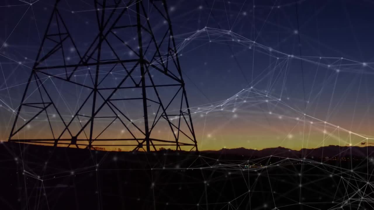 Animation of network of connections with data processing over pylon