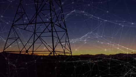 animation of network of connections with data processing over pylon