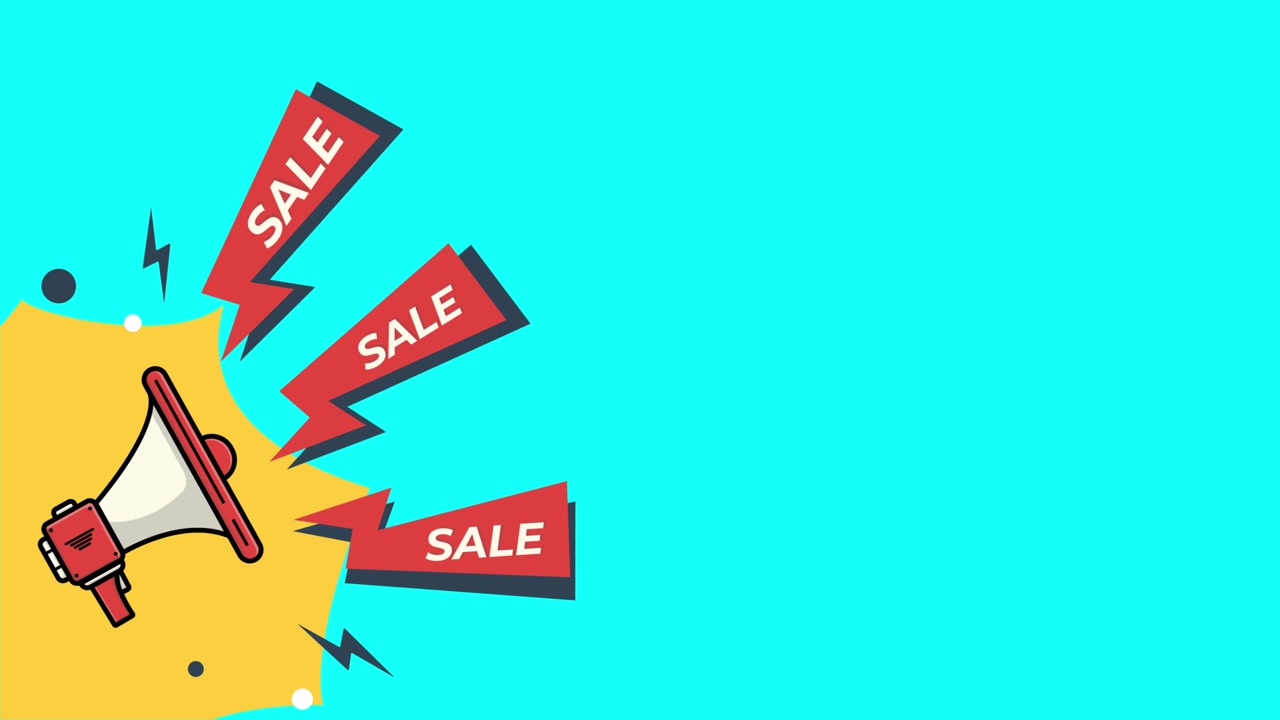 Megafono Animato che Annuncia Promozione Saldi su Sfondo Blu