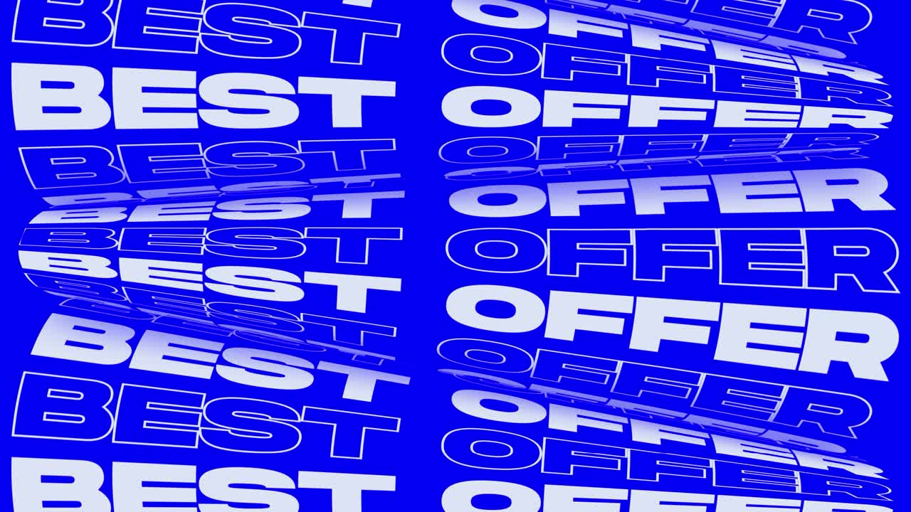 mejor oferta de animación de fondo azul brillante promocional. rollos de palabras perceptibles cartel de señal de bajo precio para publicidad promocional. mejor oferta de redes sociales vídeo de anuncio de marketing cinético llamativo.