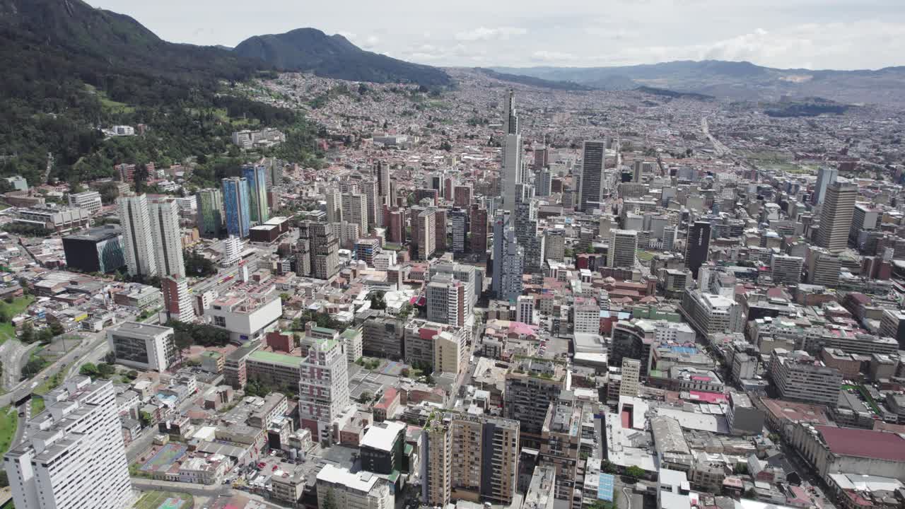 Bogota's urban sprawl is captured from above, showcasing a mix of modern skyscrapers, residential areas, and infrastructure, with Monserrate mountain providing a dramatic backdrop