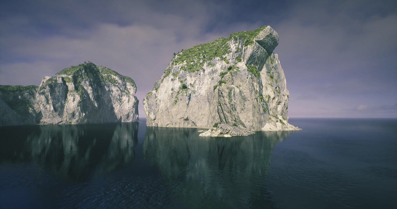 Calm waters mirror solitary rocky formations beneath evening sky