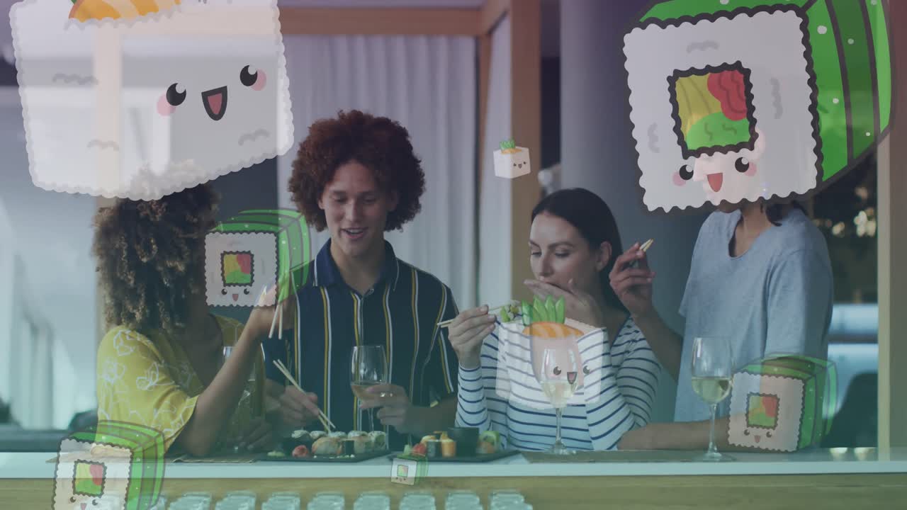 행복한 다양한 친구들이 수시를 먹고 있는 수시 아이콘의 애니메이션