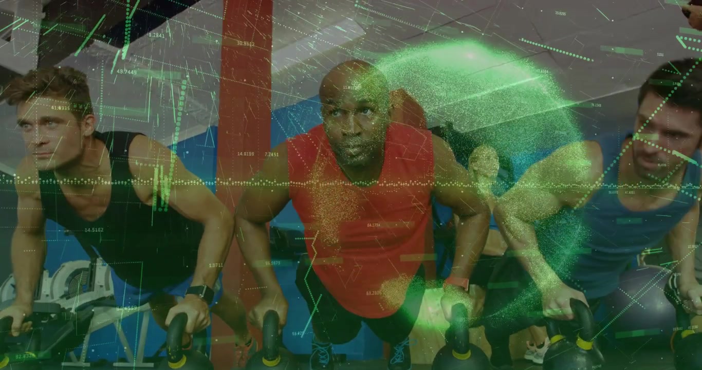 Vídeo vertical: Homem de vermelho ao centro iniciando flexões com kettlebell para fitness, com HUD sobreposto rastreando repetições.