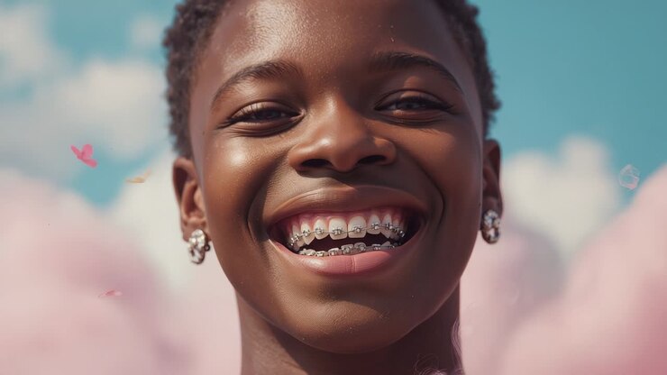 Filming teen smiling, opening mouth, tilting head for pastel ad with pink cotton showing braces