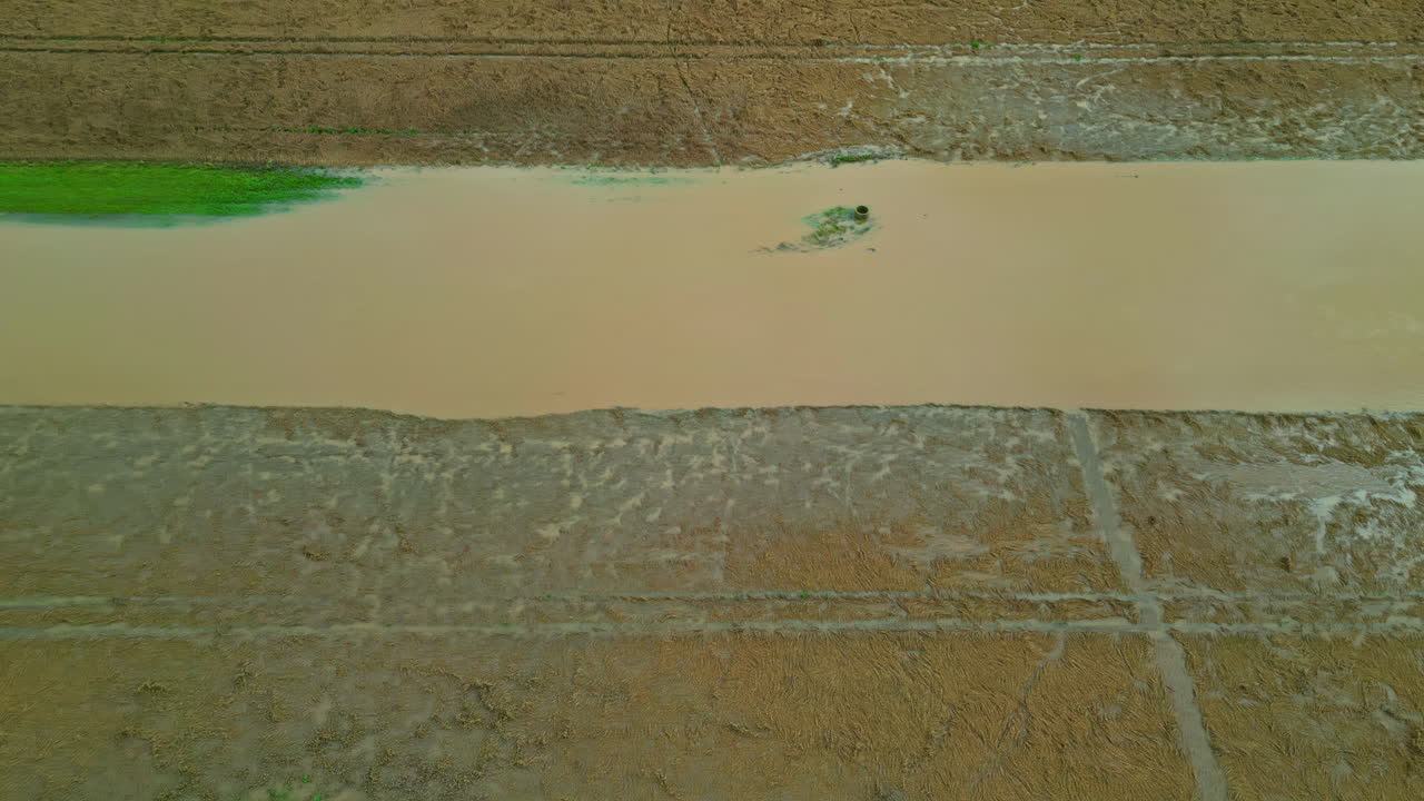 Ripresa aerea in movimento davanti a un terreno agricolo allagato, conseguenza di intense precipitazioni.