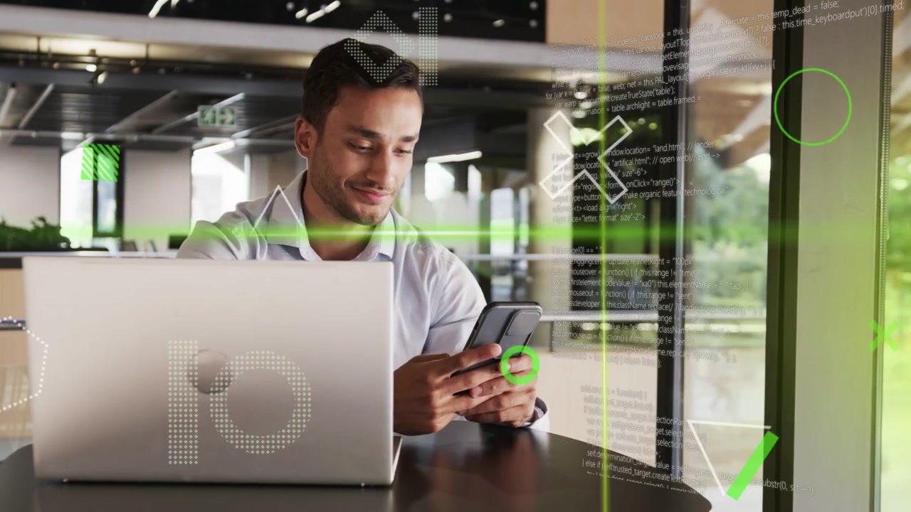 Man reaching for phone, checking business messages and scrolling while green code overlaying screen