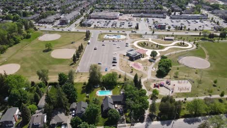 drone flying by sunny hamilton park in the summer