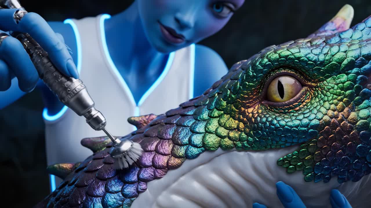 Dragon sculpture being worked on by a blue skinned alien
