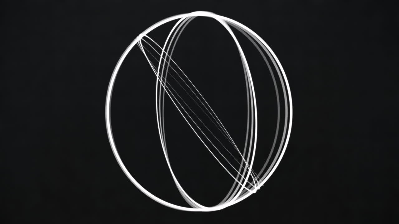 Animation of white 3d rings pattern rotating on black background