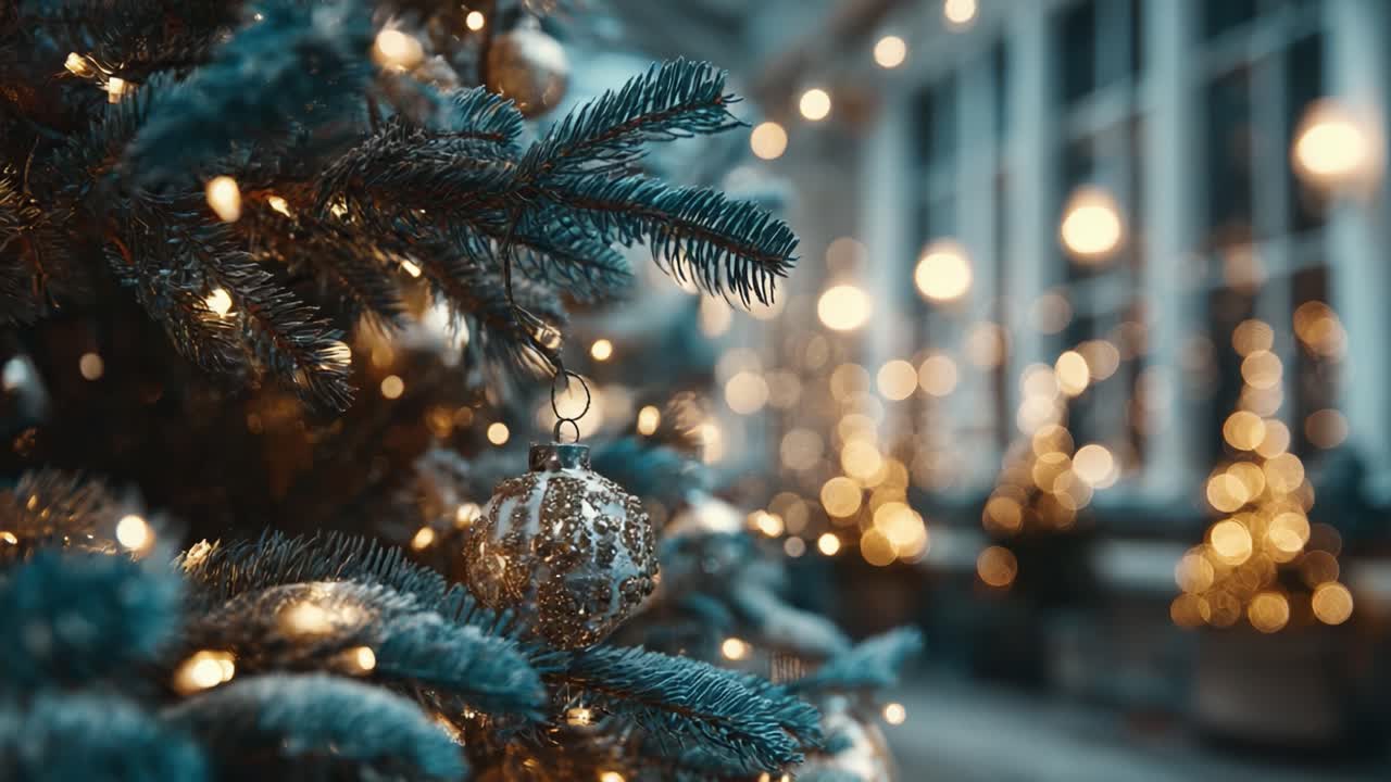 A Captivating Close-Up of a Festively Adorned Christmas Tree Glimmering in Soft Lights, Surrounded by a Cozy Holiday Atmosphere and Decorated with Ornaments