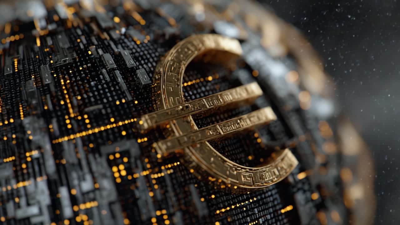 Una rappresentazione scintillante del simbolo dell'Euro circondata da motivi high-tech scuri, che evidenzia temi economici e le tendenze delle valute digitali in un'ambientazione futuristica.