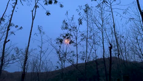 wind moves the tree branches in a forest climate in iran natural landscape moon light over the blue sky fog hazy night evening in iran highland mountain hill darkness rural village countryside