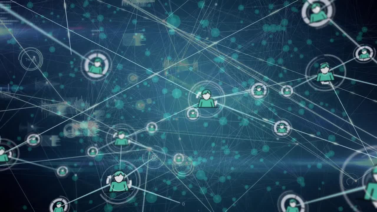 Animation of network of people icons transferring data processing over glowing blue lights