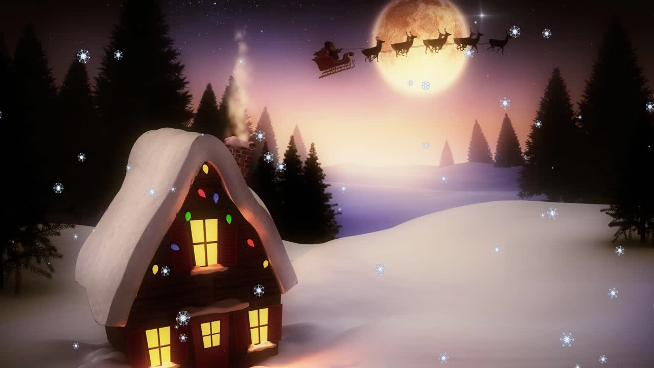 animación de nieve cayendo sobre el paisaje de invierno con el trineo de santa claus