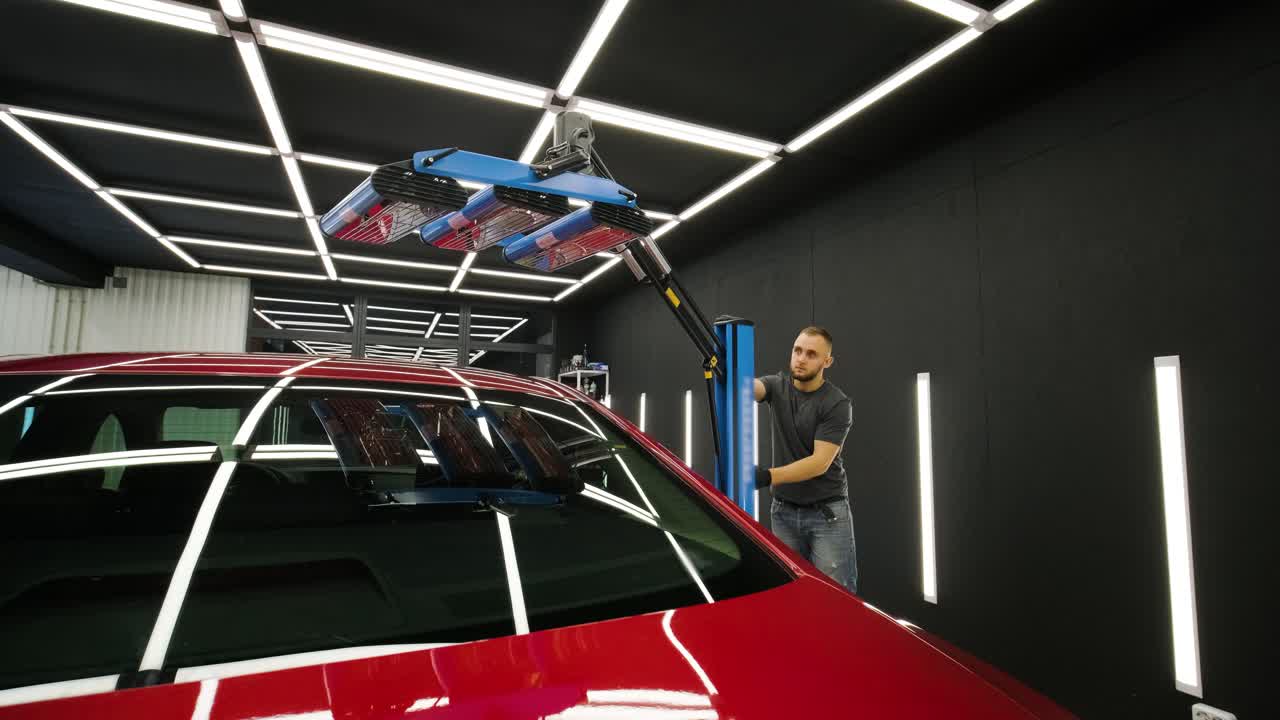 las lámparas rojas para el secado del revestimiento cerámico están detrás del coche