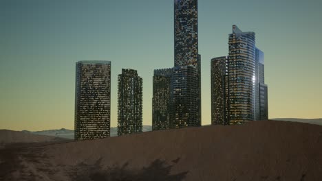 Rascacielos-De-La-Ciudad-En-La-Noche-En-El-Desierto