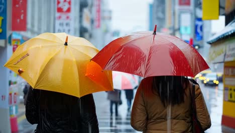 two people walking down a city street holding umbrellas in the rain