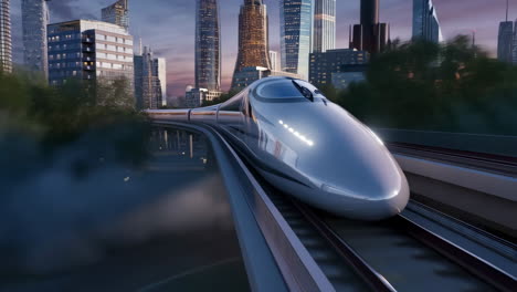 a futuristic city with high-speed rail and an expanding atmospheric plume