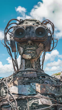 ancient stone heads wearing headphones on an island generative art