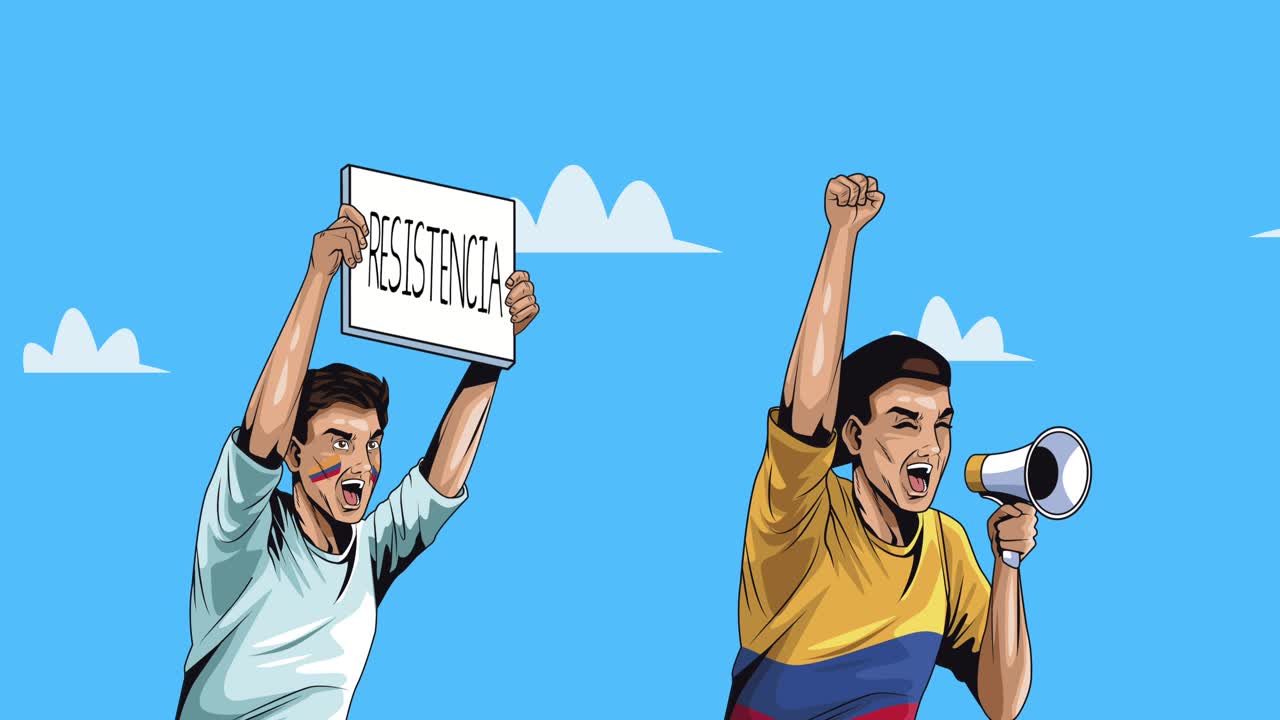 메가폰을 들고 시위를 하는 콜롬비아 남자 들