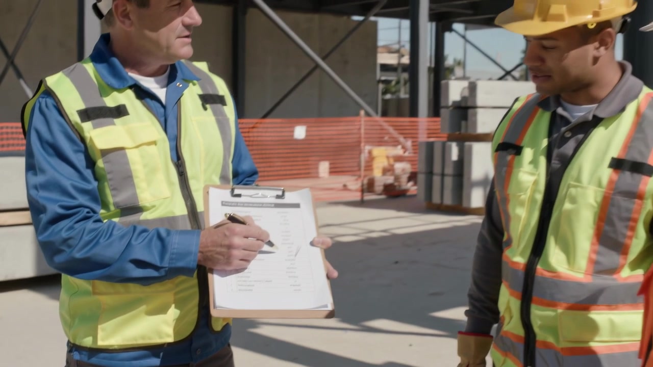 Marking checklist inspector holding clipboard, pen after brief at worksite with vests and hard hats