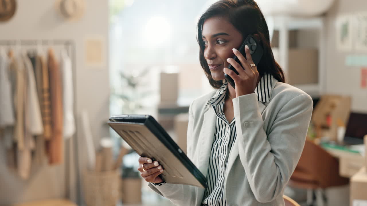 Phone call, delivery and woman on tablet