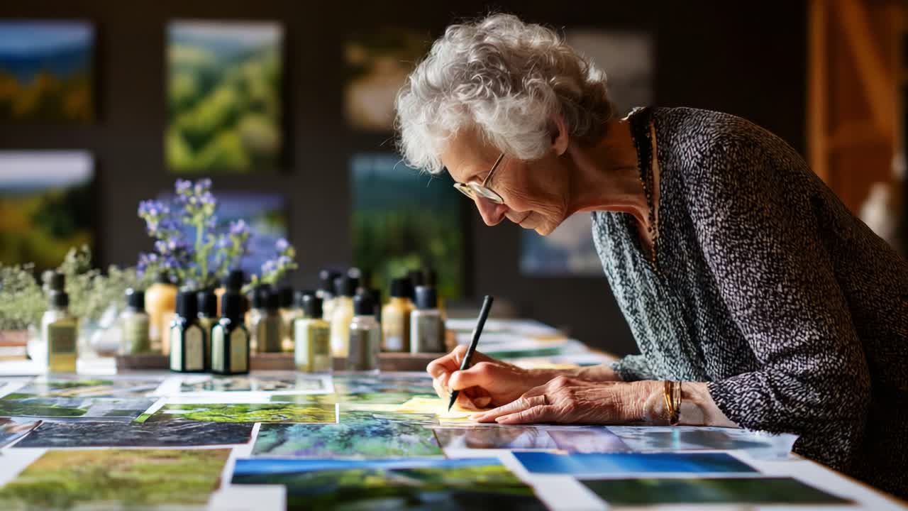An Elderly Artist Captivated by Nature's Beauty: Creating a Masterpiece Through Paintings and Photography in a Cozy, Well-lit Studio Environment