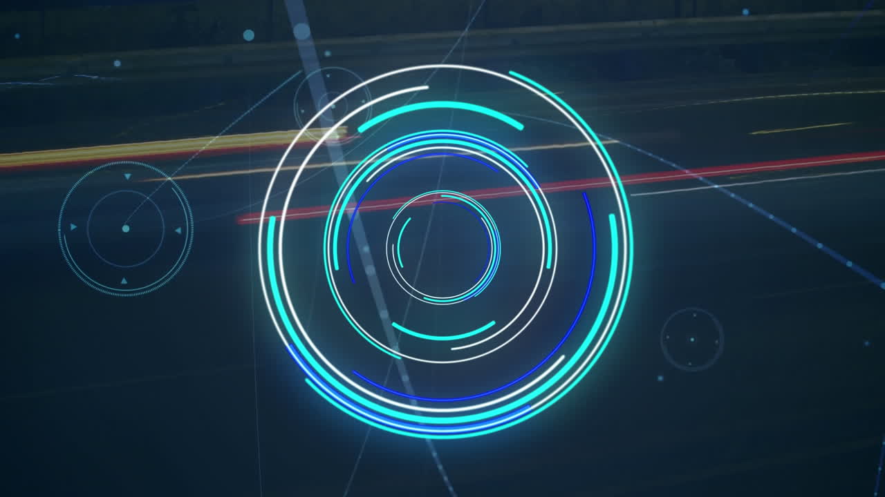 회전하는 네온 둥근 스캐너, 빛 트레일 및 연결 네트워크의 애니메이션