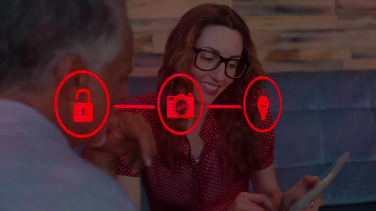 red de iconos de conexión contra el hombre y la mujer usando tableta digital